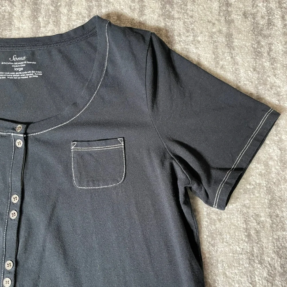 Soma Pajama Top Women Large Dark Grey Excellent Button Front Contrast Stitch